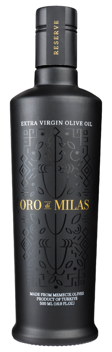 The 500 mL bottle of Oro di Milas Reserve extra virgin olive oil, front view: black glass, gold lettering, “Reserve” on the neck