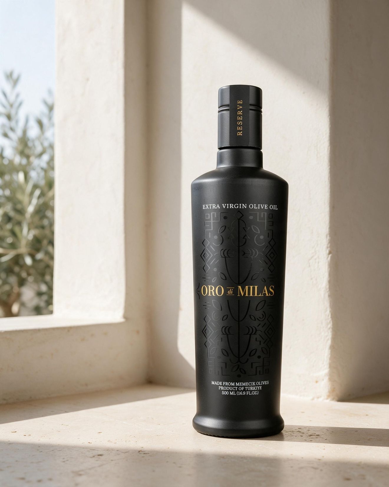 A bottle of Oro di Milas extra virgin olive oil on a pale limestone sill in soft daylight, olive leaves beyond the window