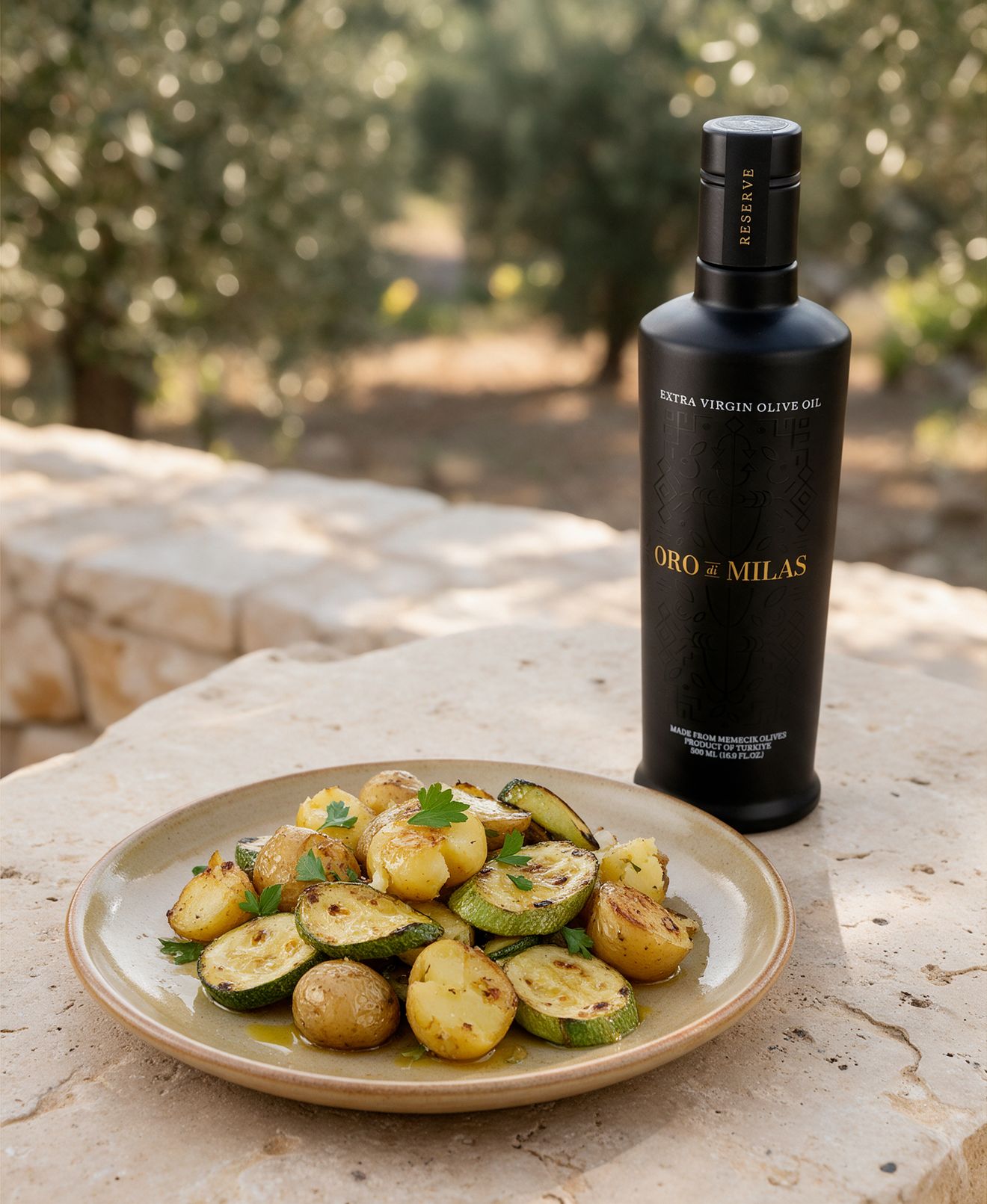 Oro di Milas olive oil beside roasted potatoes and zucchini on a stone table
